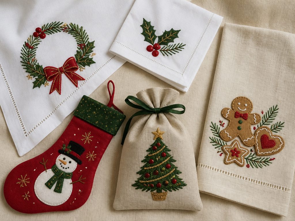 Toalha de mesa, guardanapo, meia de Natal, saco de presente e pano de prato com bordados de Natal