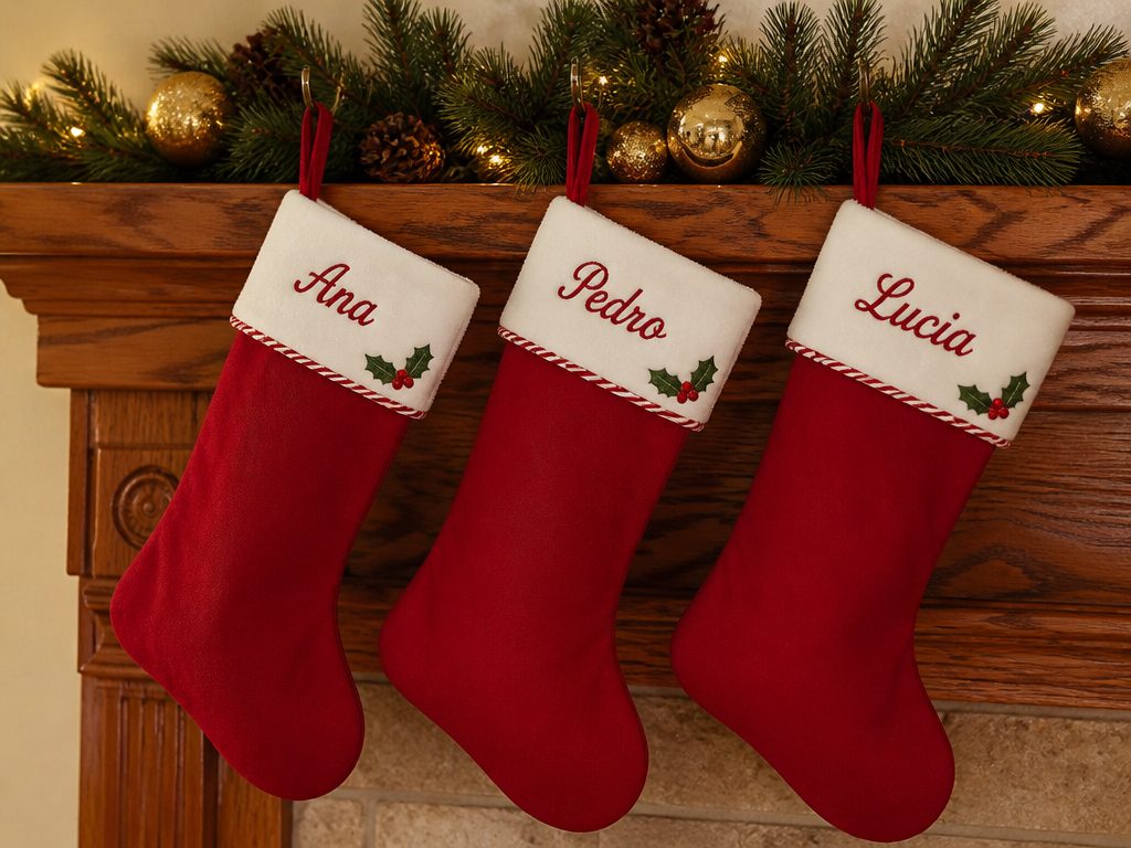 Meias de Natal com nomes bordados