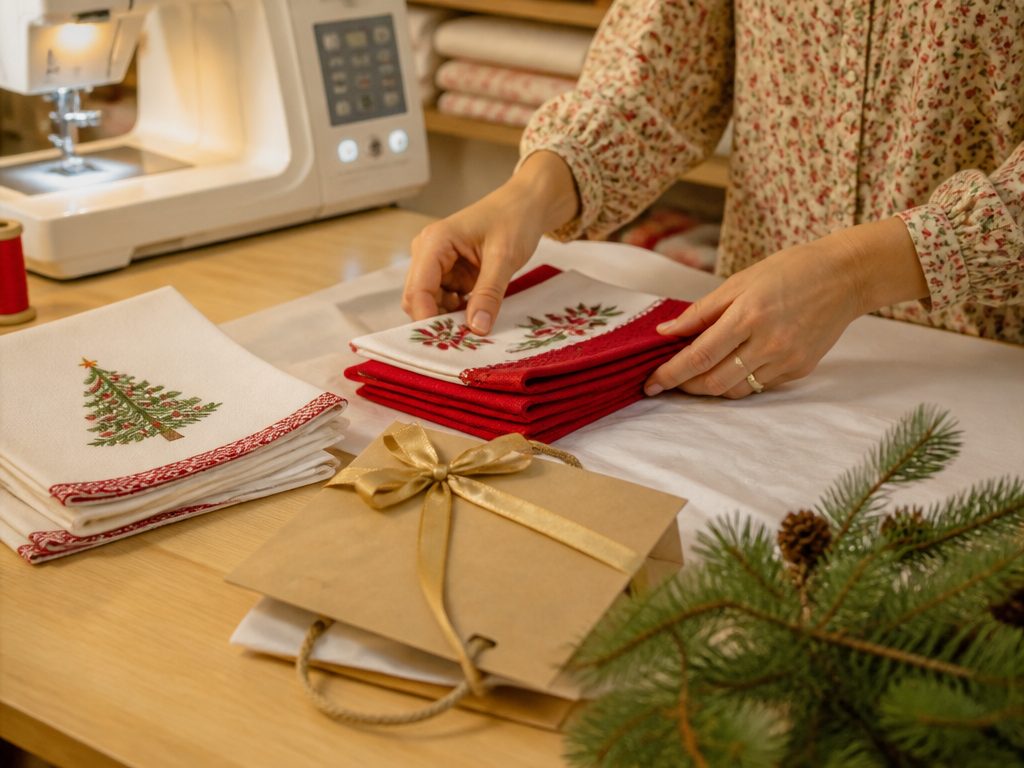 Mãos embalando guardanapos e panos de prato bordados com temas de Natal