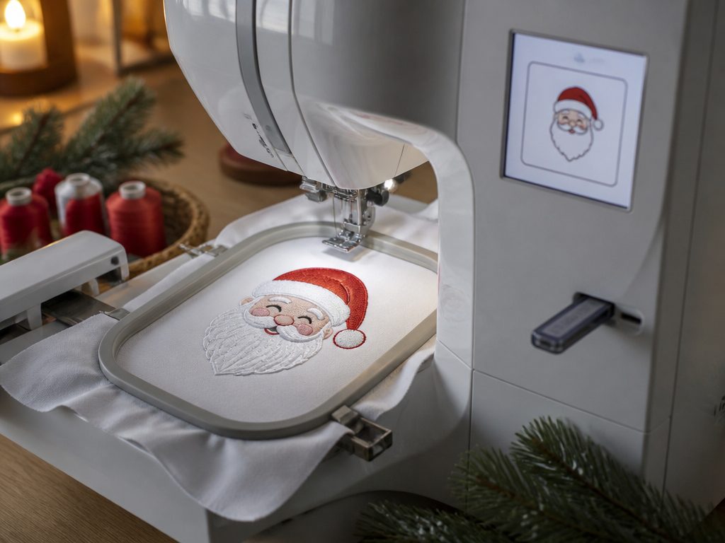 Máquina de bordar com pen drive conectado, bordando um Papai Noel